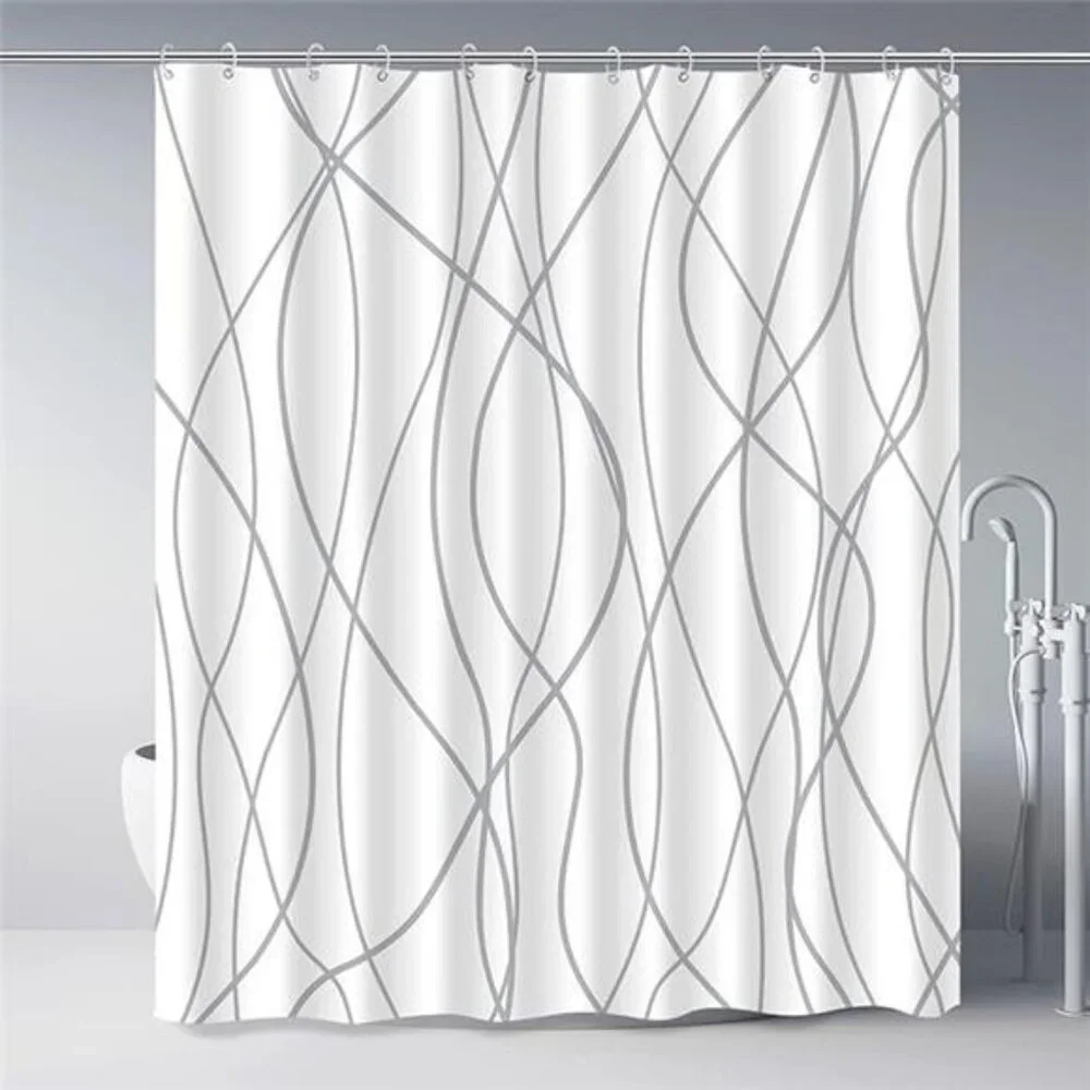 Grey and White Striped Polyester Shower Curtain for Bathroom with Hooks, Curtain